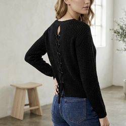 Black Open-Weave Crewneck Sweater by Zoey
