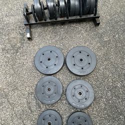 190 LB OF STANDARD PLATES
(PAIRS OF)   25s
(FOUR).         15s 
(EIGHT).        10s 
 AND A HORIZONTAL PLATE  RACK/HOLDER