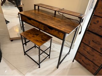 Industrial Computer Desk with charging station and outlets and 2 Drawers, Monitor Shelf & Matching Stool