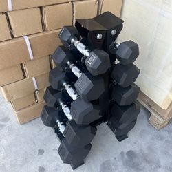 New complete set of 5,10,15,20,25lb rubber dumbbells + rack $185