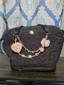Pink Luminous Heart Rose with Pearl accent and bow Beaded Bag Chain