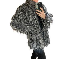 Vintage Crystal Designer Shaggy Fringe Grey Oversized Jacket Coat Womens Sz L
