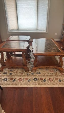 Coffee table and two end tables, wood/marble