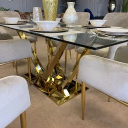 Barnard Clear Glass Top & Mirrored Gold Dining Room Set / 7pc