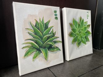 Canvas Art, 2 Pieces 16”x12”x1-1/2”, Green Succulent plants w/ White background & 3D Paint Accenting