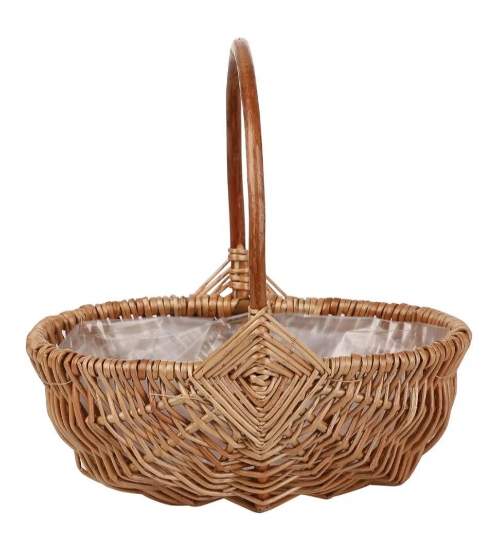 Rattan Flower Basket, Handmade Wicker Planter Basket with Plastic Liner & Handle, Woven Storage Basket for Home Wedding Garden Decoration, Brown