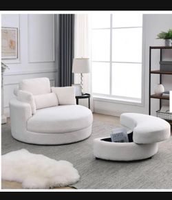 51 in. Swivel Accent Barrel Sofa Linen Fabric Lounge Club Big Round Chair with Storage Ottoman and Pillows, Beige