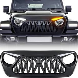 Front Grill Compatible with 2018-2026 Jeep Wrangler JL JLU & 2020+ Gladiator JT, Shark Grille w/DRL and Turn Signal Lights, Matte Black