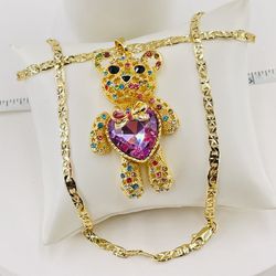 Teddy Bear Swarovski Necklace Three Tone Love Heart Crystal Pendant  Oso De peluche Swarovski Collar Tres tonos Amor Corazón Cristal Colgante 
