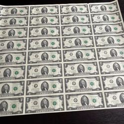 2 Two Dollar Bills Uncut Currency Sheet of 32 Notes 2013 Dallas Texas - $64