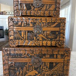 Chinese Camphor Nesting Wood Carved Boxes (3)