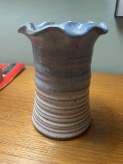 Hand Thrown Pottery Vase.  Ribbed Ivory, Tan, Blue Green. Signed by the artist
