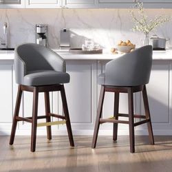 4 PCs 31.9"H Height Solid Wood Swivel Indoor Bar Stools navy blue