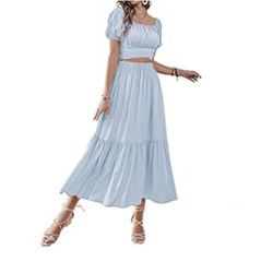 Women's 2 Pcs Outfits Wrap Tie Short Sleeve Crop Top Ruffle Maxi Skirt Set