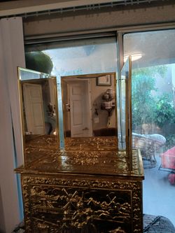 Vintage Gold Tone Trifold Vanity Mirror