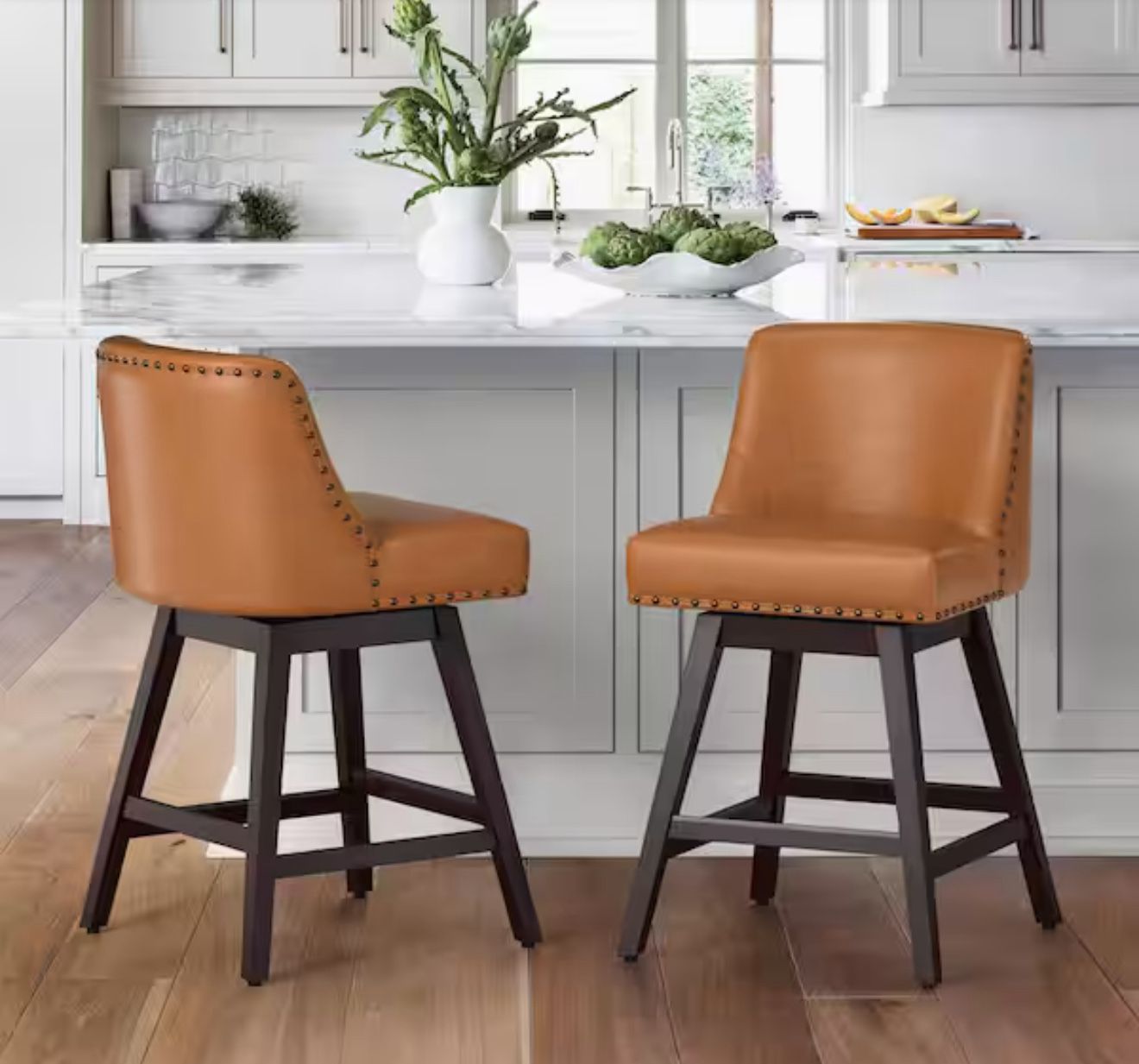 26 in. Wood 360 Free Swivel Upholstered Bar Stool with Back, Performance Fabric in PU Brown.(Set of 2)