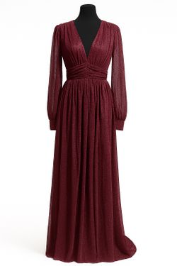Elegant Burgundy Long Sleeve Gown – Deep V-Neck Ruched Waist Formal Maxi Dress-S And Xs