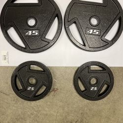 25 pounds  pair  40$  45pounds  Pair  80$ of Cast Iron Plate Weight Plate for Strength Training, Weightlifting and Crossfit, Olympic 2-Inch holes