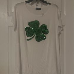Brand New Glitter Shamrock Clover White T-Shirt Size Large