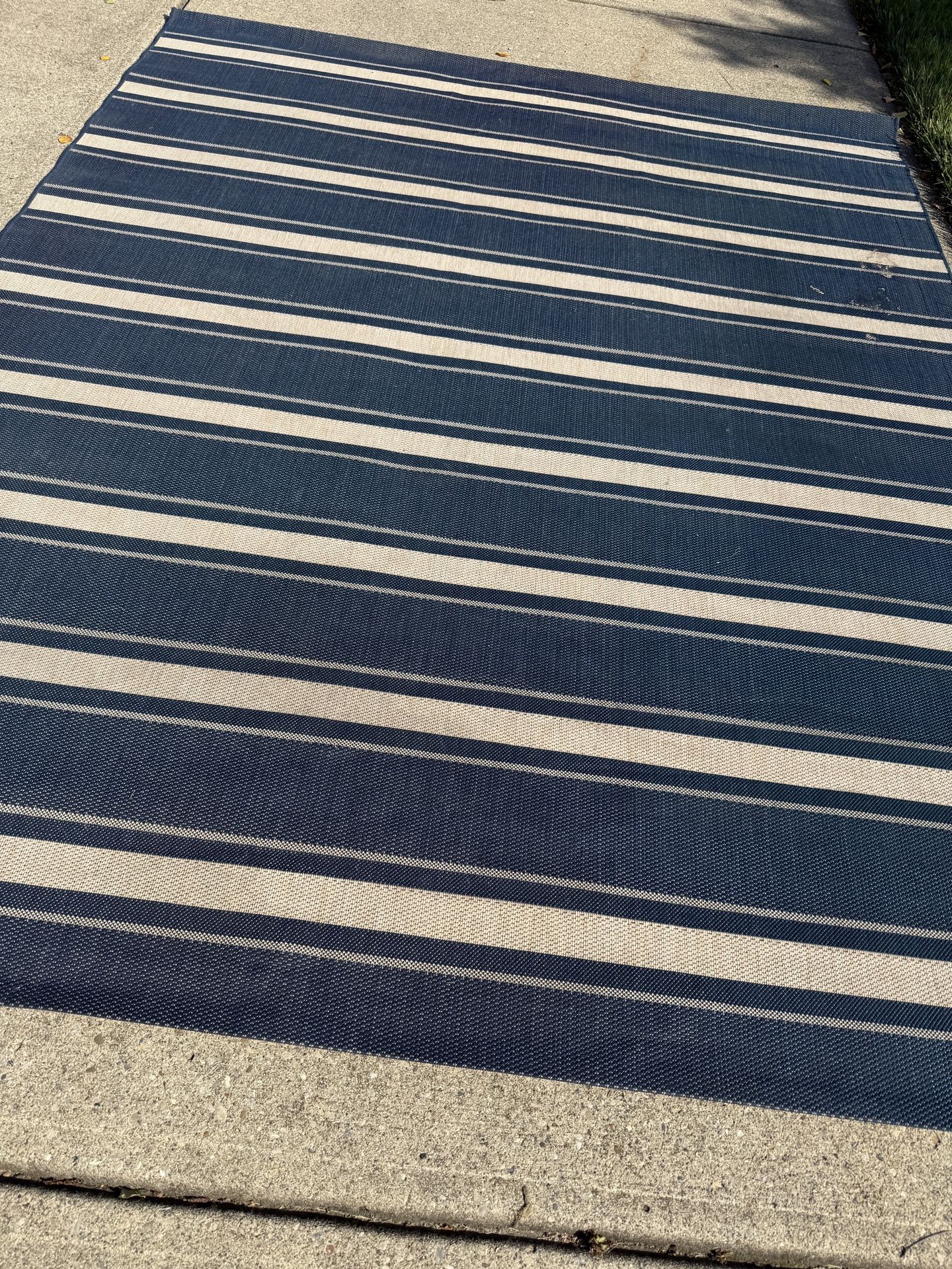 Huge 8x10 Outdoor Blue and Beige Area Rug! In good shape except a couple scuffs as seen in pics.