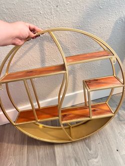 Round Gold Metal and Wood Wall Shelf