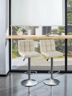 New Modern Set of 2 Faux Leather Bar Stools, Adjustable Height Hydraulic Swivel Armless Barstools, Extra Tall Square Kitchen Bar Stool with Backrest  