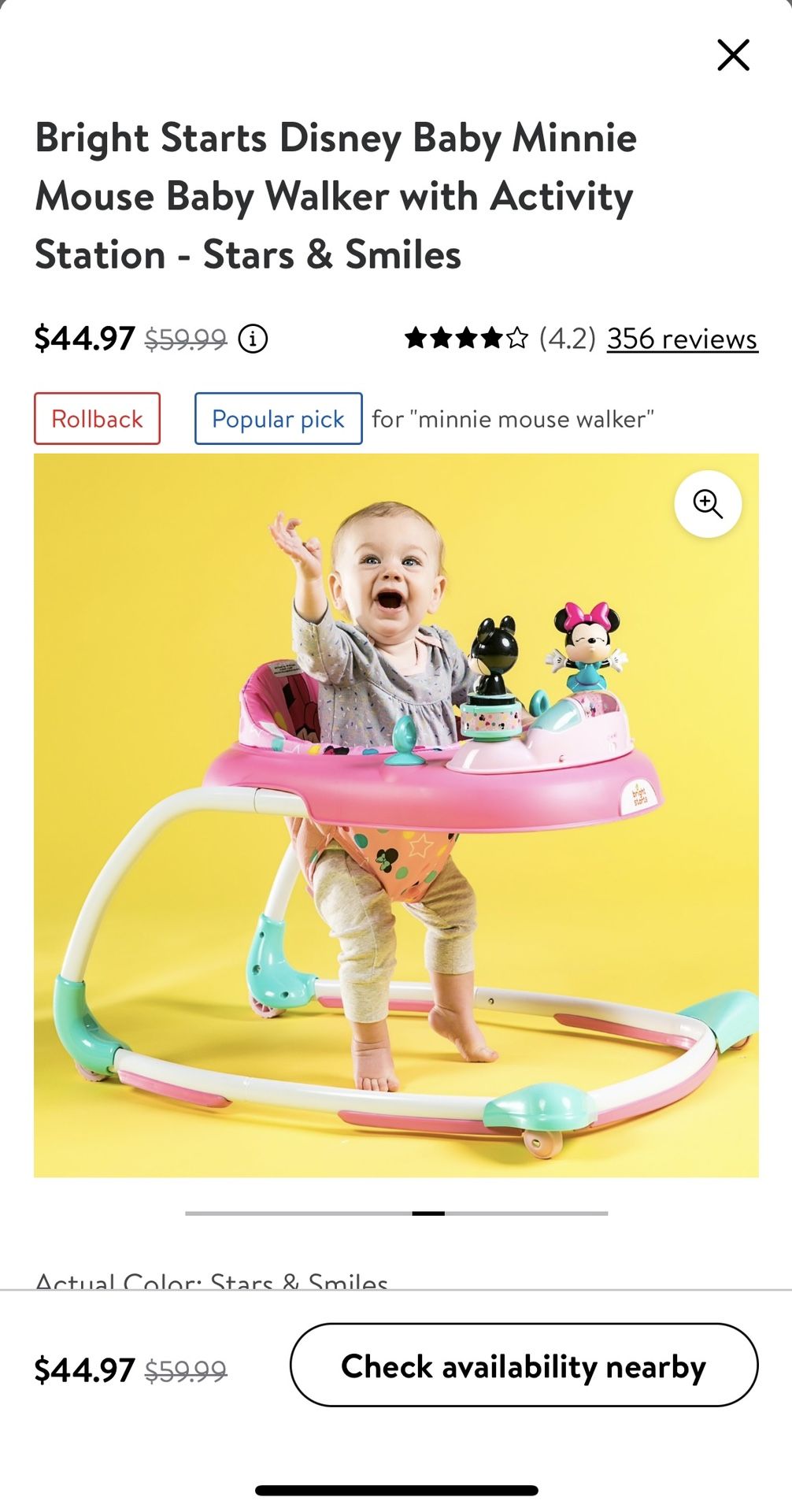Bright Starts Disney Baby Minnie Mouse Baby Walker with Activity Station - Stars & Smiles
