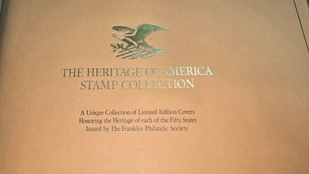 Limited Edition Heritage Of America Stamp Cover Collection honoring all fifty states, issued by The Franklin Philatelic Society. Tan hardcover binder 