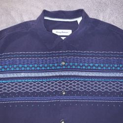 Tommy Bahama Size Medium Blue Border Floral Tropical Hawaiian Shirt 100% Silk 🌴