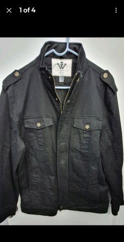 WenVen Men’s Black Military Jacket Full Zip Stand-Up Collar Pockets XL