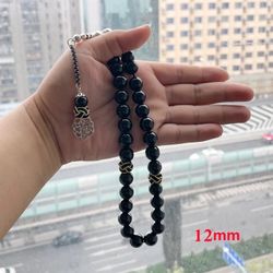 Black  Natural Agate Rosary Muslim Tasbih Gift Islam misbaha Man's Onxy Prayer Beads 33 beads Stone Rosary (12mm x 33beads)