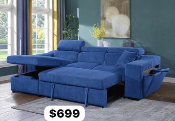 Blue Corduroy Sectional Sleeper Sofa with Storage Chaise