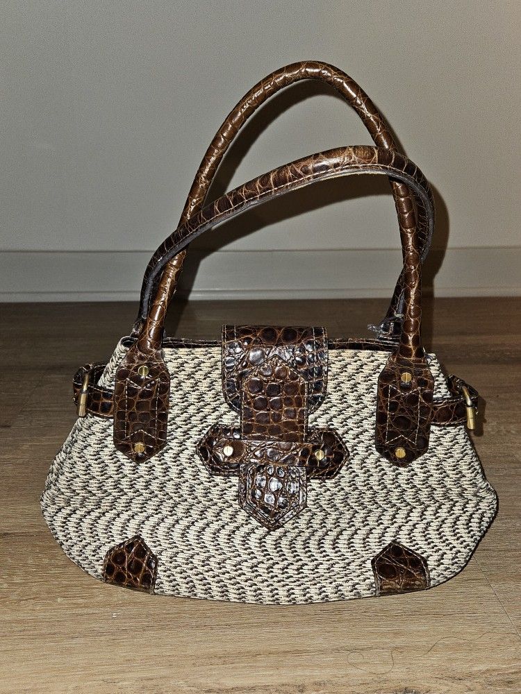 Vintage Eric Javitz Tan Hobo Straw Brown Leather Croc Embossed Trim Handbag Tote Shoulder Bag Medium