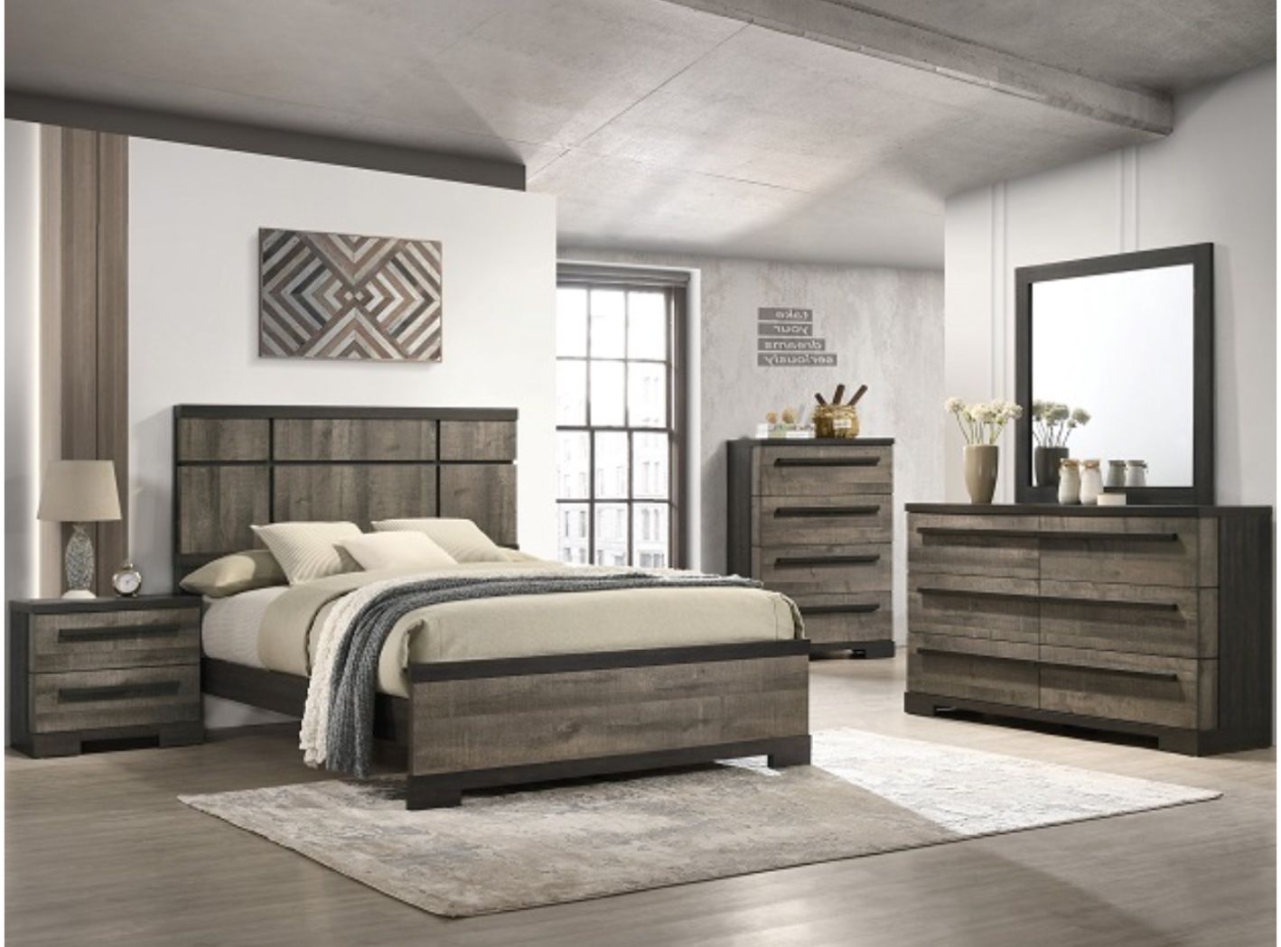4 Pc Queen Set Dresser,mirror,nightstand And Queen Bedframe