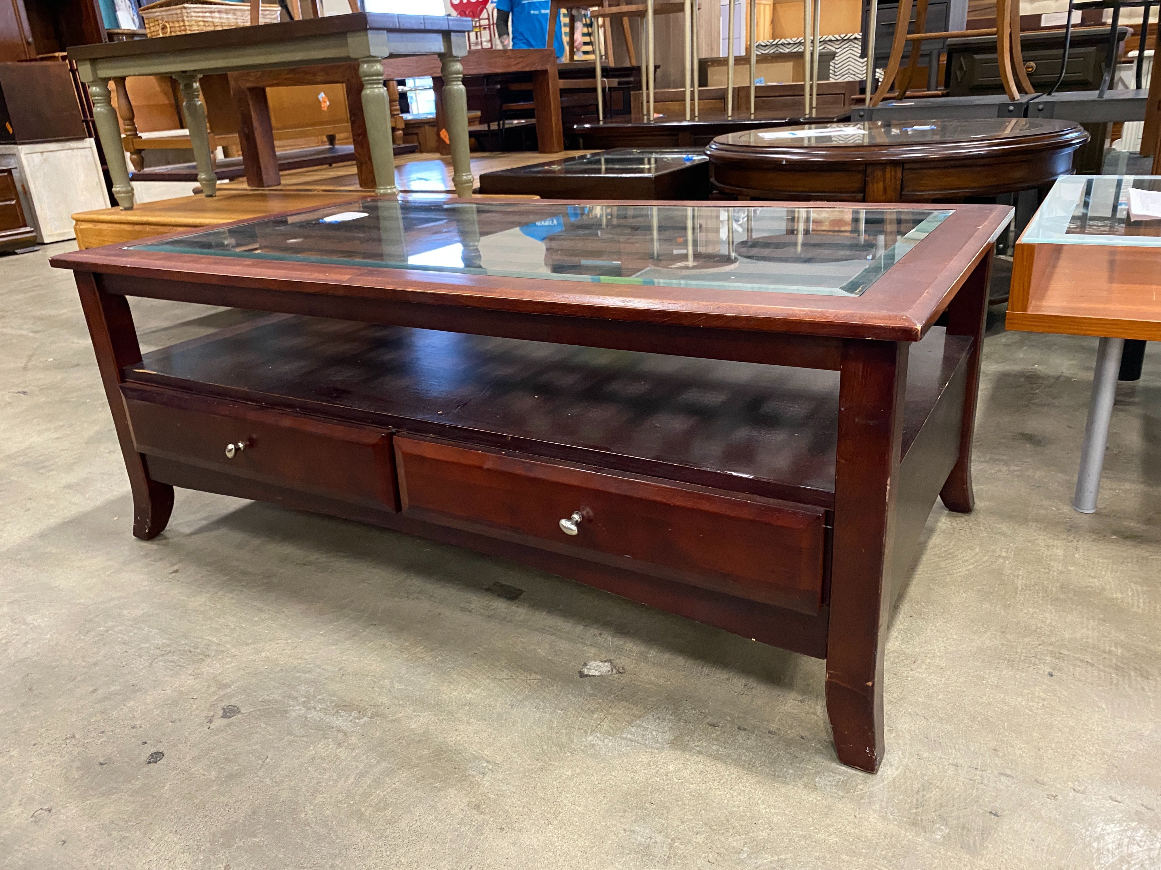 Red Wood Glass Top Woven Bands Coffee Table