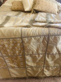 , Cal_king comforter gold & sage green paid over 350 , 4 shames, 3pillows, & have curtains panels sold separate