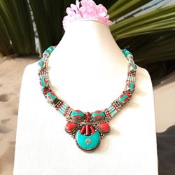 Stunning handcrafted Ethnic Tribal Theme Necklace Inlay coral & turquoise set in Silver 18”inch & 134grams