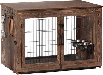 Piskyet Wooden Dog Crate Furniture with 360°Rotatable Removable Dog Bowls, Dog Crate End Table with Tray(L:37.7" L*25.1" W*26.1" H, Rustic Brown)