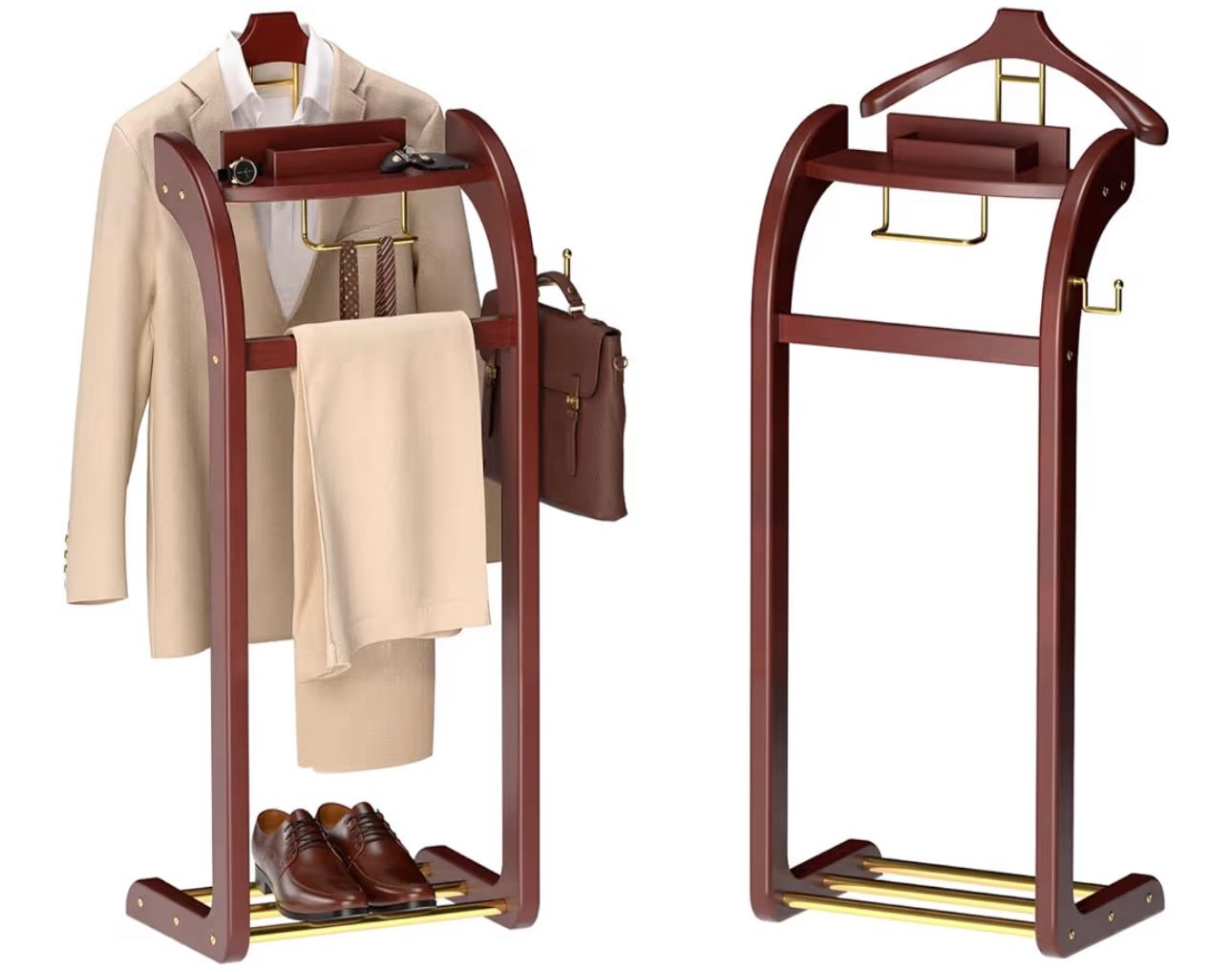Suit Valet Stand for Men, Wood Mens Valet Stand with Base, Contour Hanger, Tray, Trouser Bar and Tie Bar, Clothes Valet Stand for Bedroom Entryway Hom