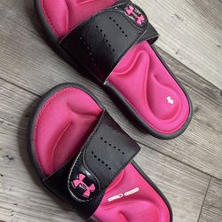 Under Armour Slides Girls Ignite 1X Size 2Y Hot Pink Black Shoes Foam Youth Kids