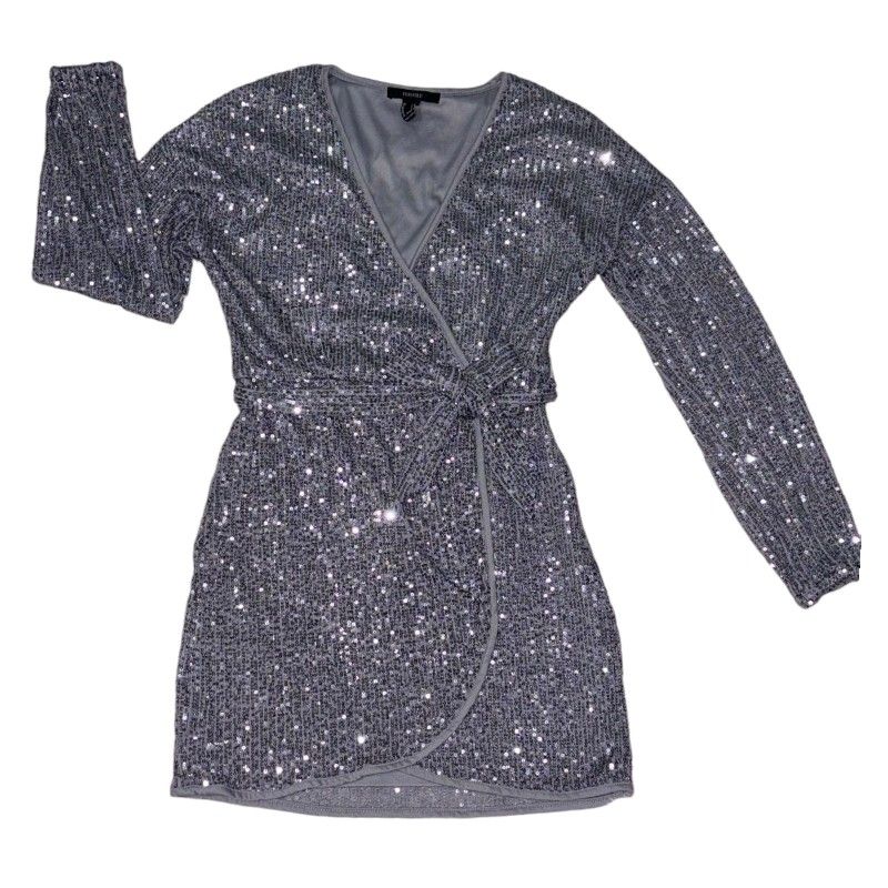 Forever 21 Dress Womens Silver Sequin Long Sleeves Bodycon Stretch Gray Size S