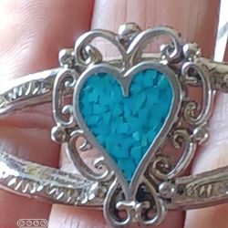 Vtg.Southwestern Silver Plate Inlaid Turquoise " Heart" Cuff Bracelet