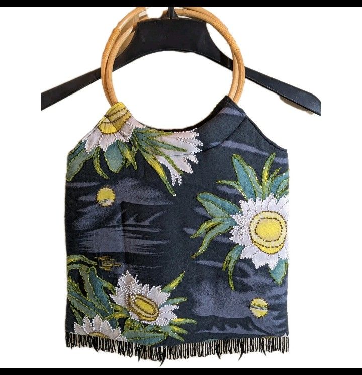 Beaded Navy Floral Handbag W/ Dangling Beads Bamboo Handle Made In India Beachy