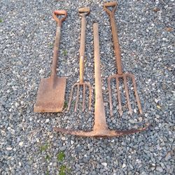 PICK.  SHOVEL.  2. DIGGING  FORKS 125 DOLLARS. FOR ALL 