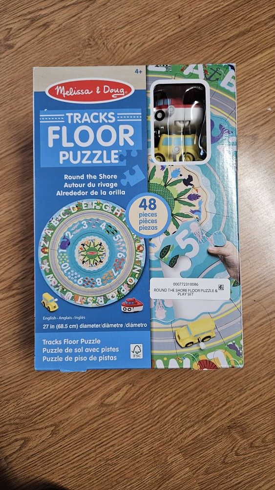NEW IN BOX Melissa & Doug Round the Shore Tracks Cardboard Jigsaw Floor Puzzle and Wind-Up Vehicles – 48 Pieces, for Boys and Girls 4+.