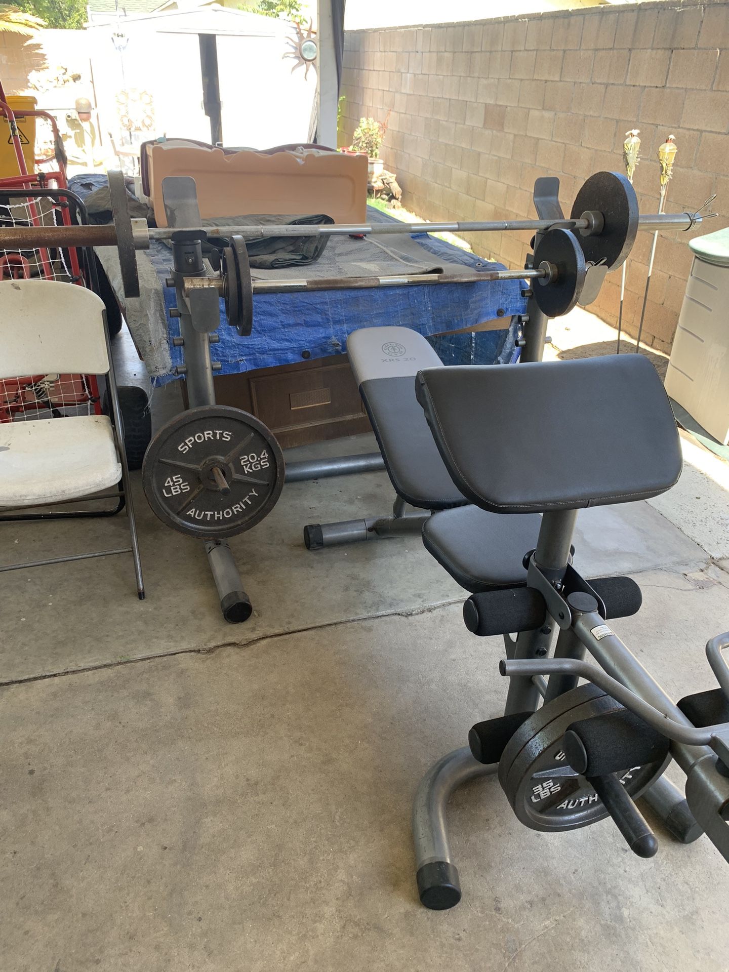 Bench And Squat Rack With Weights And Curl Bar