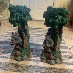 X2 Chipmunk In Tree Candlestick Holders Heavy Resin/Composite 12.5” Tall