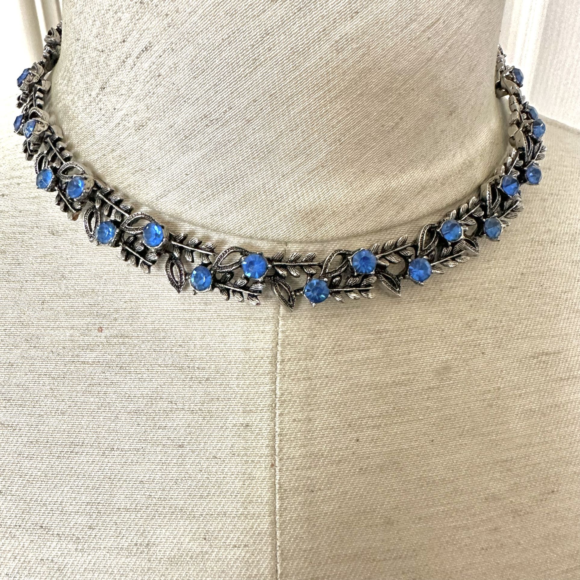 Silver Tone And Blue Beaded Choker Necklace