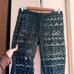 Miken Swim Black Lace Crochet Swim Cover Up Pants Scalloped Hem Drawstring