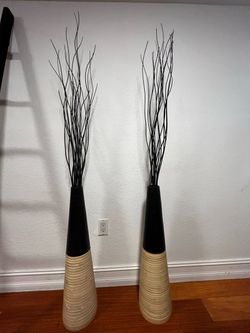 Set of 2 tall decorative floor vases and branches